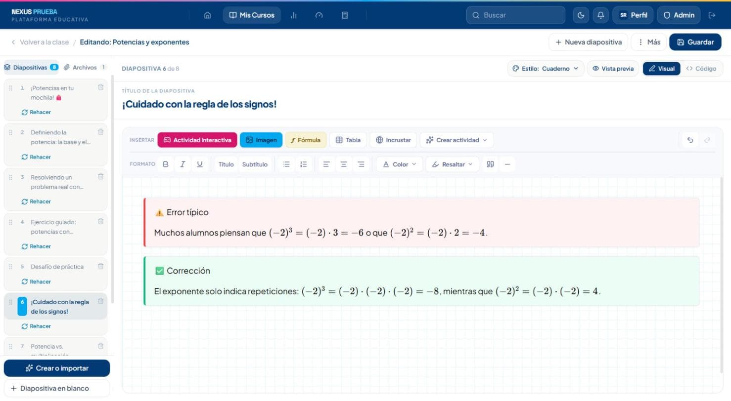Editor de clases de NexusEdu: lista de diapositivas a la izquierda y barra para insertar actividad interactiva, imagen, fórmula y tabla