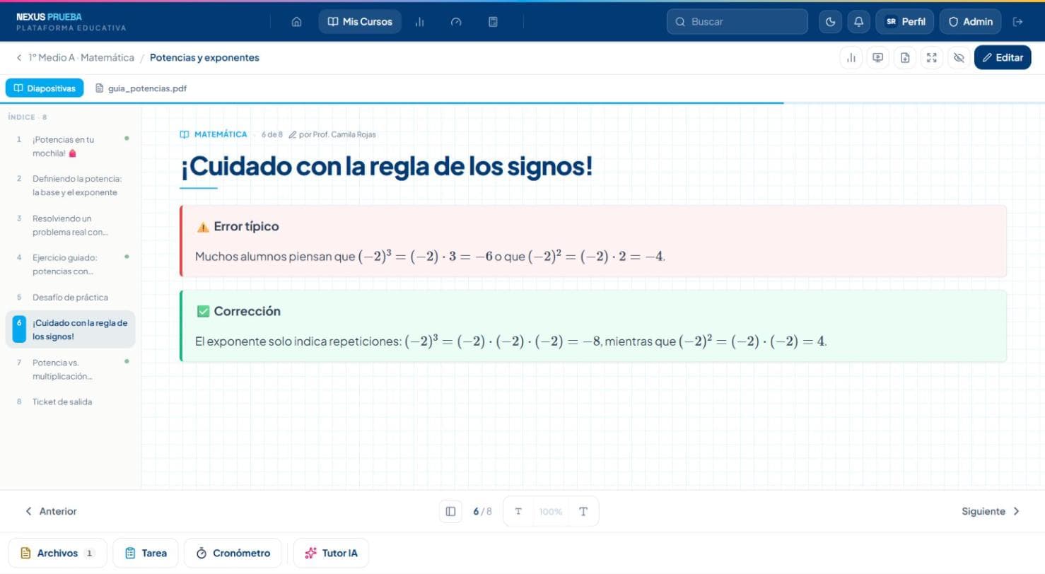 Visor de clase de NexusEdu con la diapositiva «¡Cuidado con la regla de los signos!», el índice de la clase y los accesos a archivos, tarea y Tutor IA